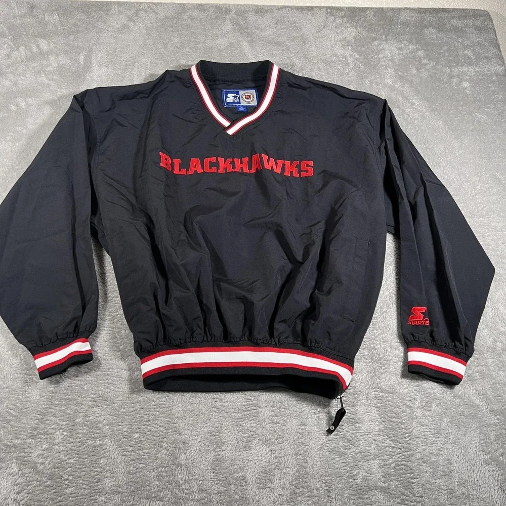 Chicago Blackhawks Starter Jacket Mens Large Black‎ Pullover NHL Hockey 90s Vtg